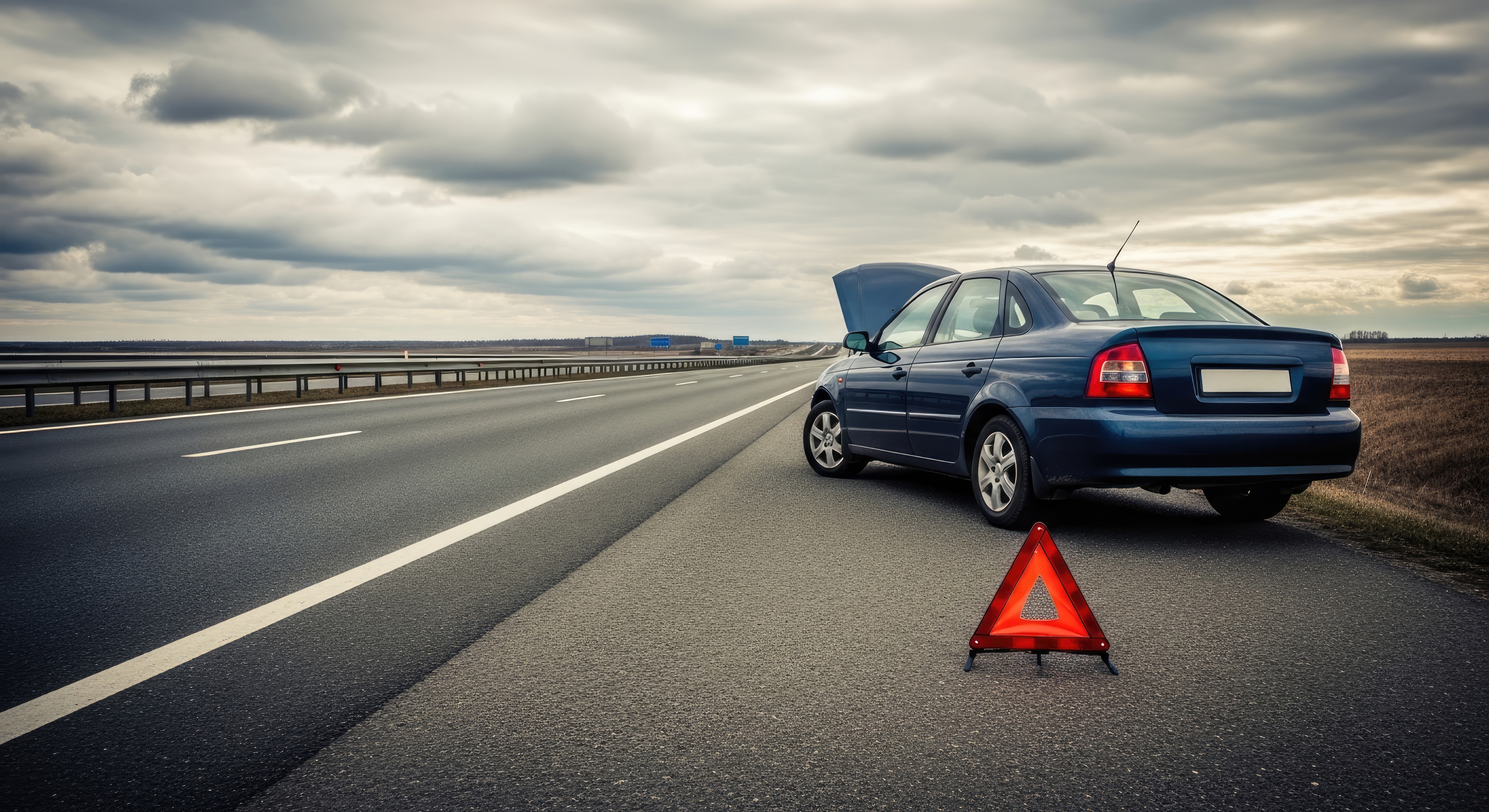 Disabled blue sedan on highway shoulder with open hood and warning triangle