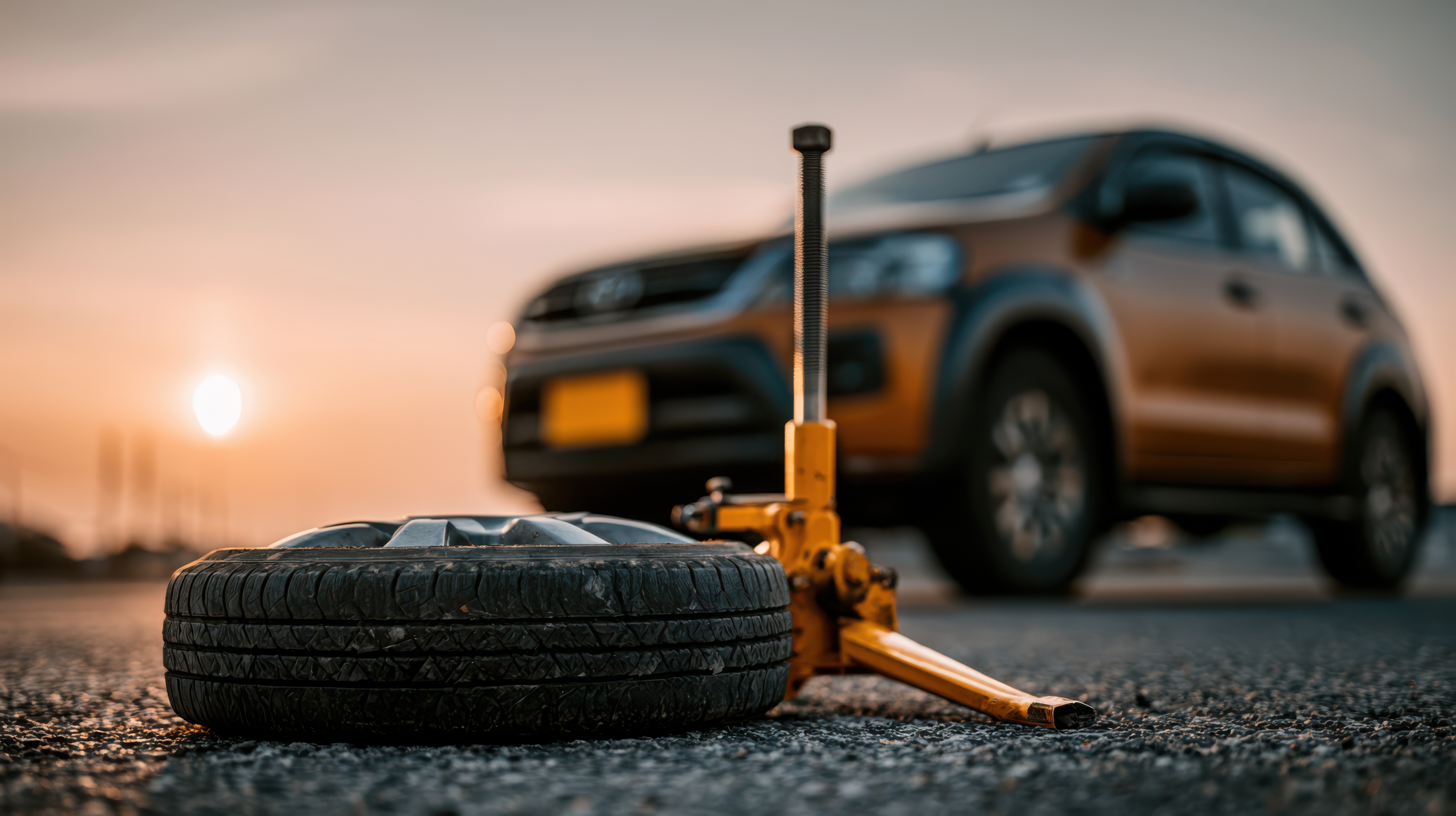 Flat tire with yellow jack next to orange pickup truck at sunset